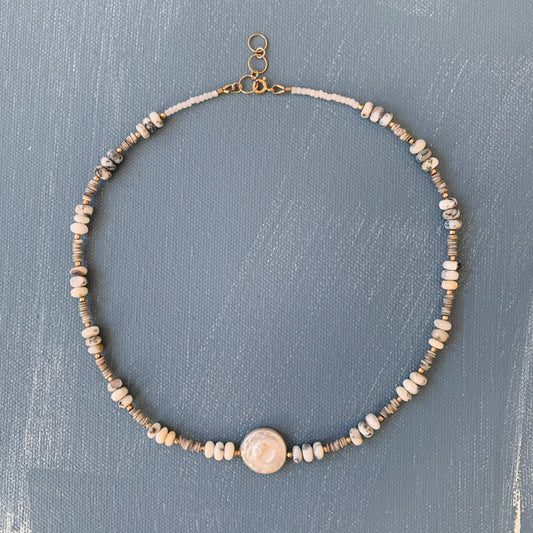 Agate, shell, and pearl necklace