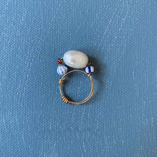 beaded ring with vintage glass and pearl