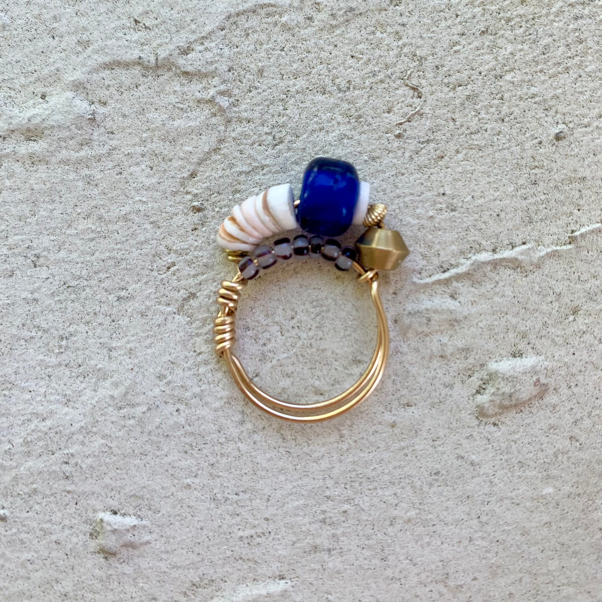 art jewelry beaded ring with blue bead